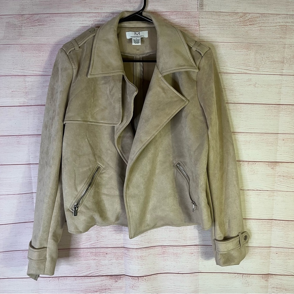 Magaschoni Faux Suede Tan Open Front Moto Jacket Size Large